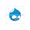 A minimalistic graphic featuring the Drupal logo—a stylized blue drop with a face—positioned in the center of a clean, light gray line scanning grid, set against a stark, solid white background.