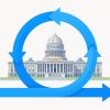 A large, bright blue agile sprint cycle arrow looping around a classic government capitol building with a dome and pillars.