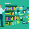 Flat illustration of a person taking a book from a bookshelf that seamlessly transitions into floating digital icons, UI tiles, and data visualization graphics.