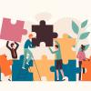 Flat vector illustration of a diverse team of people collaborating to assemble oversized colorful puzzle pieces.