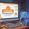 An illustrated blue elephant smiles at a desktop computer whose screen shows a padlock and the message “PHP2Shell patched: the security update has been successfully applied.”