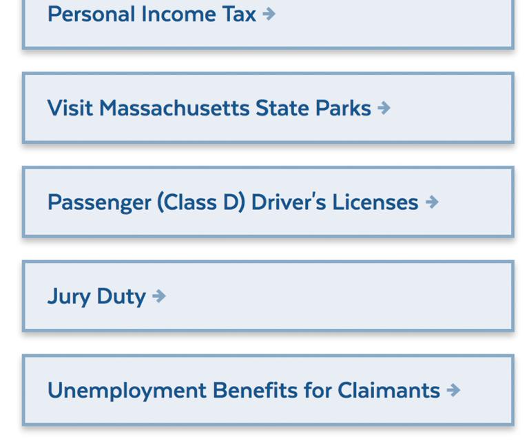 Featured services from Mass.gov homepage