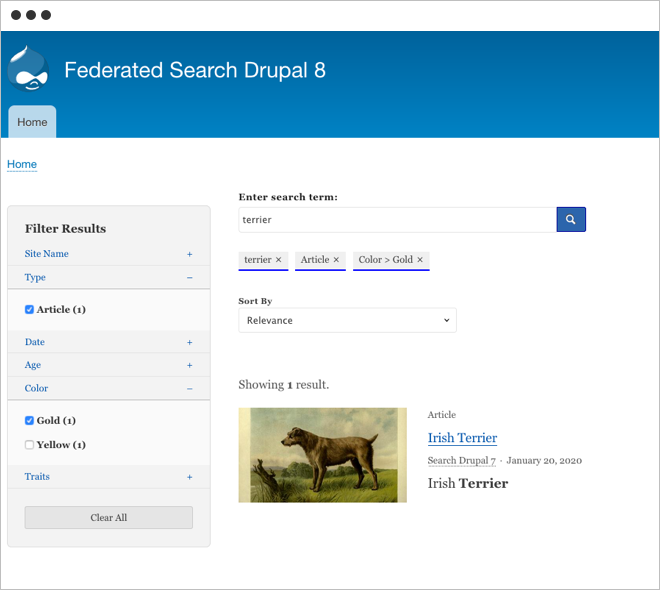 Screenshot of a search results page displaying one result for the term, "terrier."