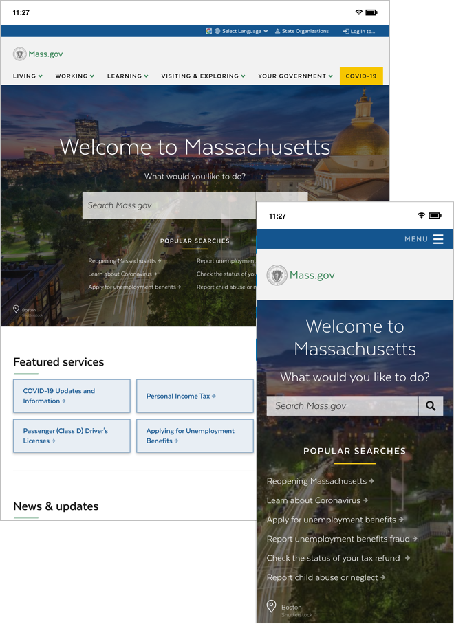Phone screen shows the mass.gov home page on tablet and mobile devices.
