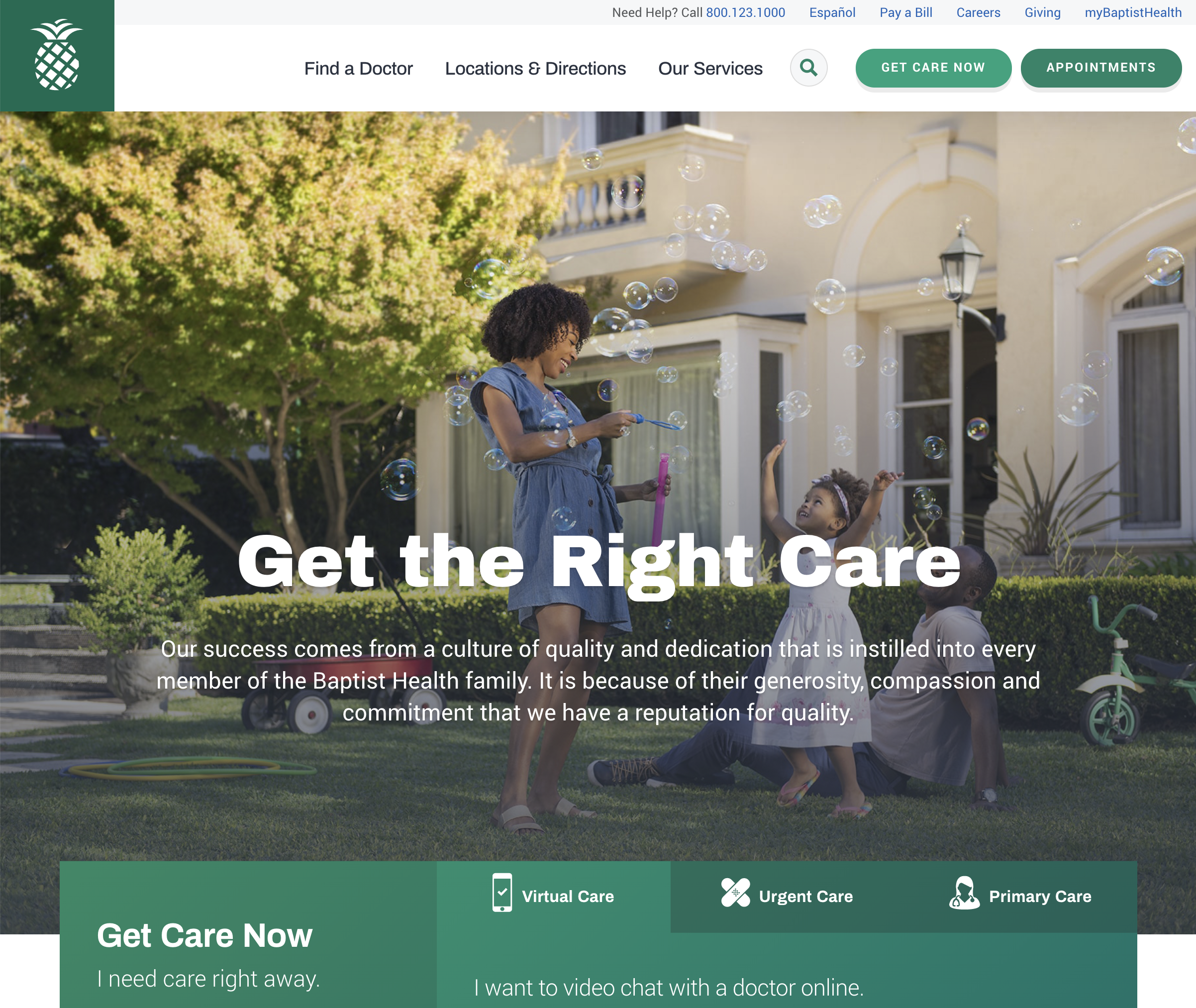 Screenshot of Baptist Heath home page with a photo of a family blowing bubbles