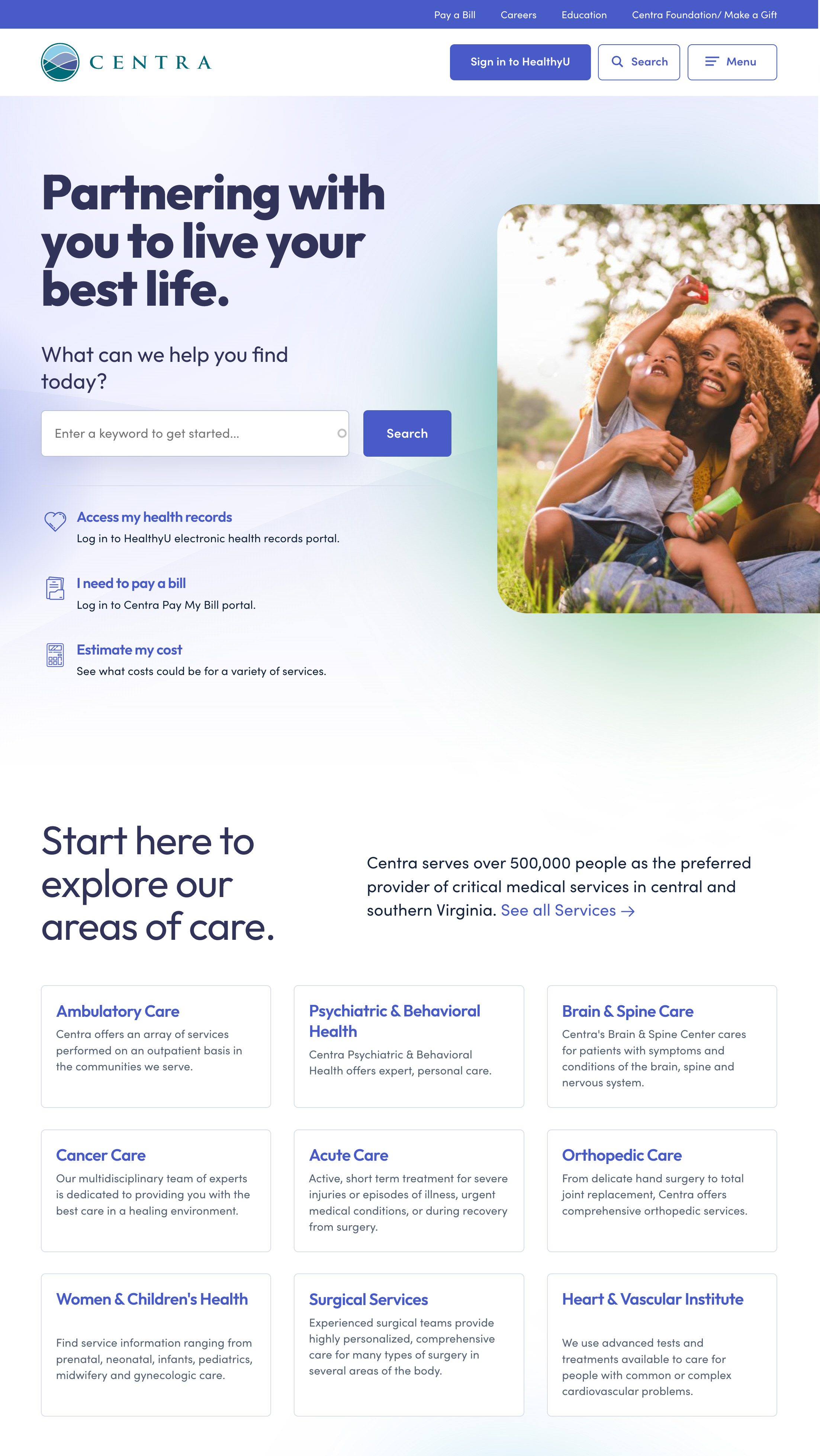Image of new Centra Health home page
