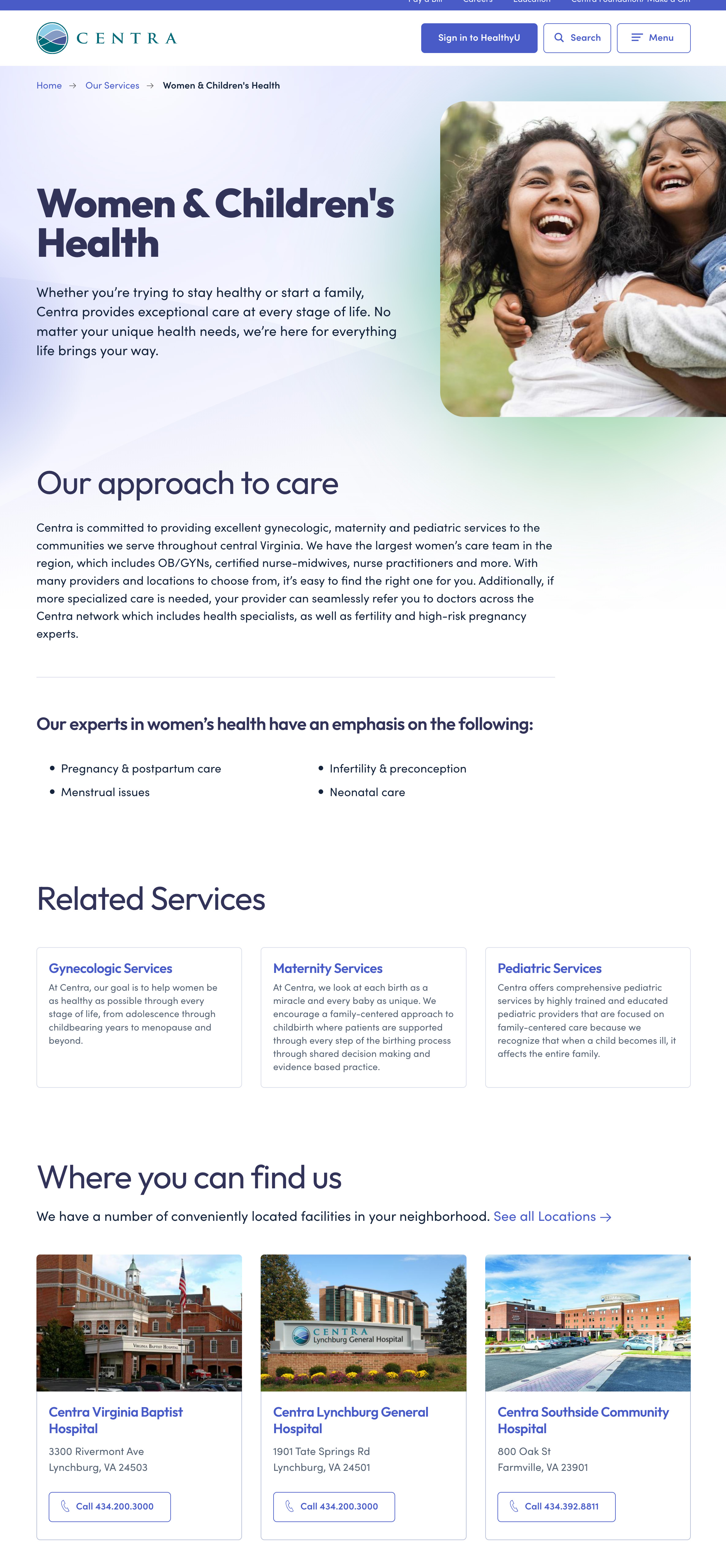 Image of Centra Health's new Women & Children Health service page