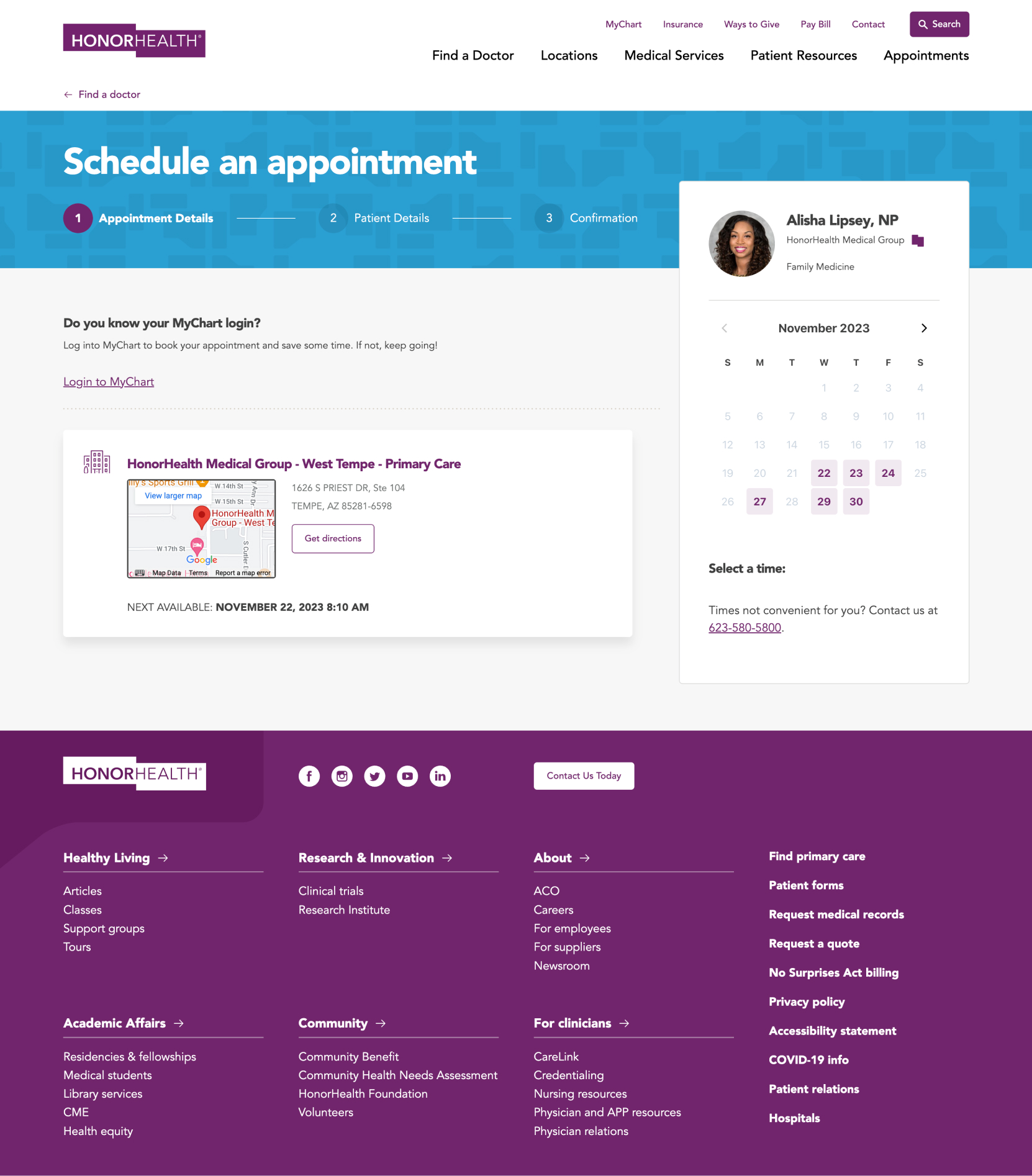 HonorHealth Appointments page