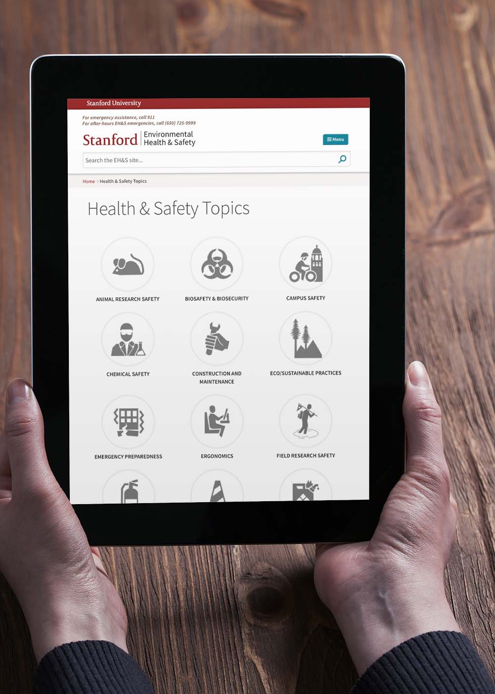 Stanford EHS Topics page on an iPad