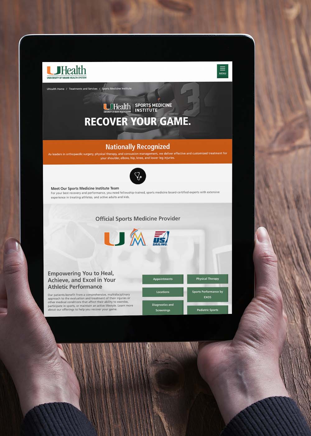 UHealth Sports Medicine Institute homepage on a tablet