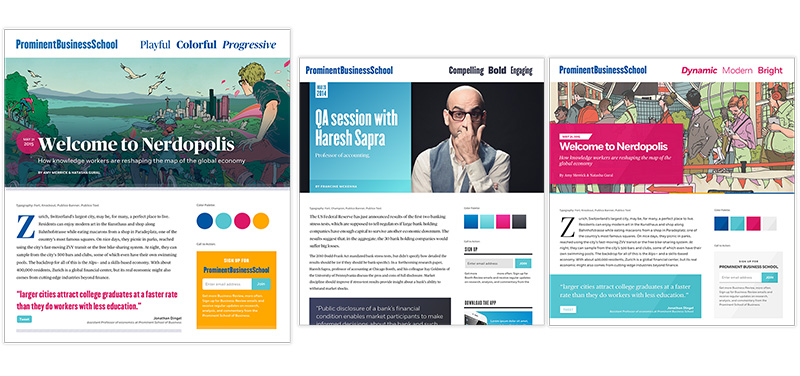 Image of a style tile showing three different page design concepts