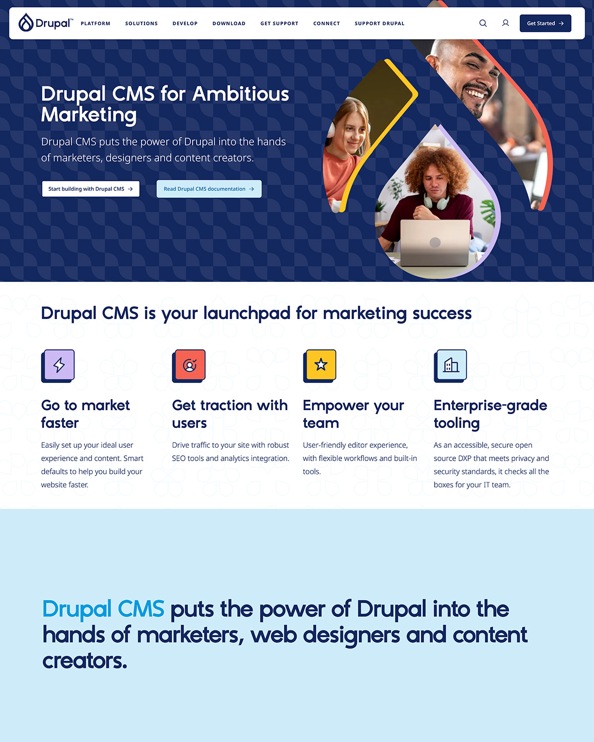 Drupal CMS landing page. Features headline, value proposition for marketers/designers/creators, and four key benefits with icons. Three people pictured framed within a stylized Drupal logo..