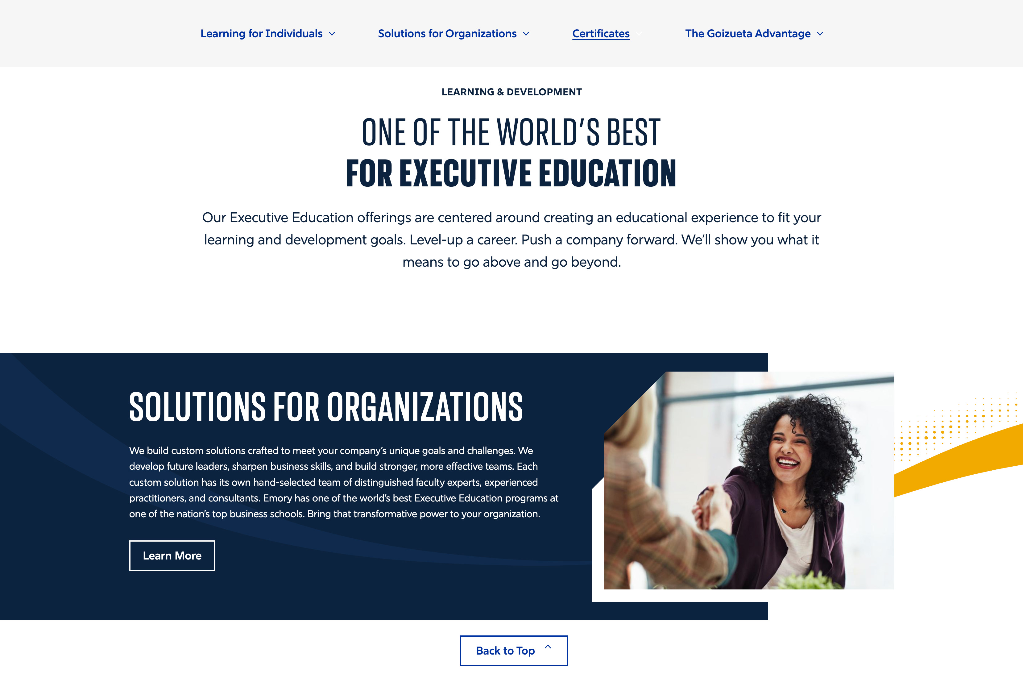 Goizueta Executive Education page highlighting organizational solution