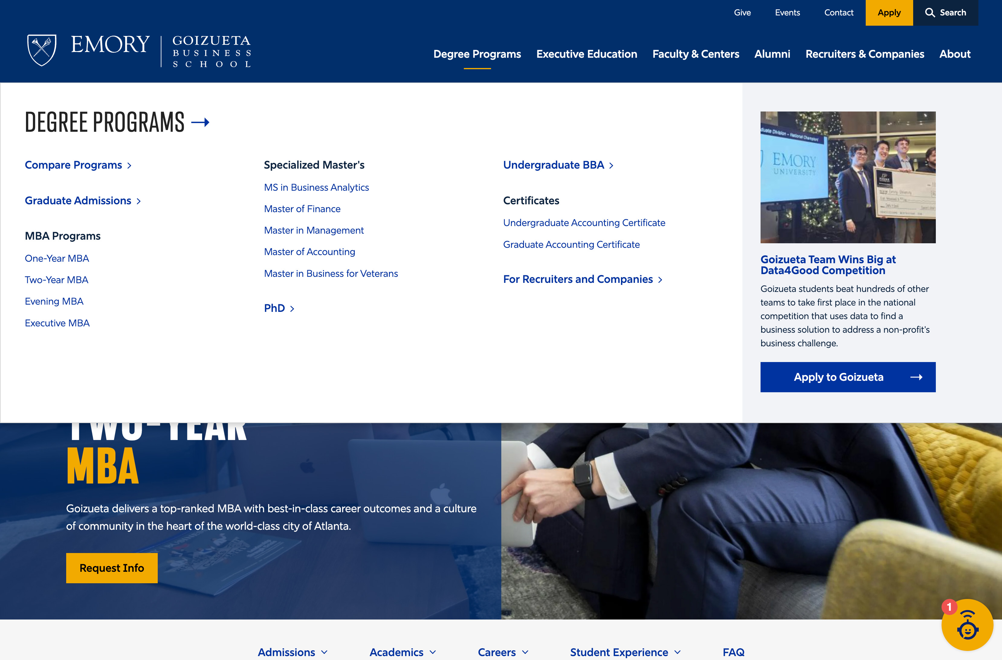 Goizueta Business School degree programs menu with MBA, master’s, BBA, and PhD options